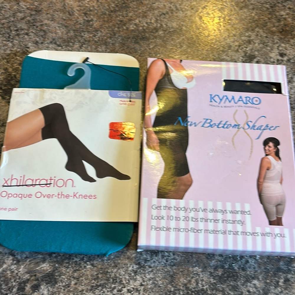 NWT Kamaro New Bottom Shaper size xl in black and over the knee nylon socks.
